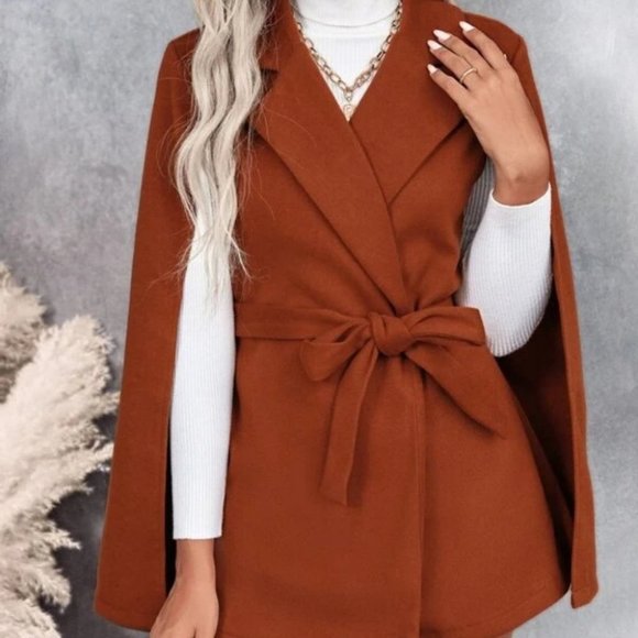 . Jackets & Blazers - Overcoat Cloak Sleeve Lapel Collar Belted Cape Jacket caramel